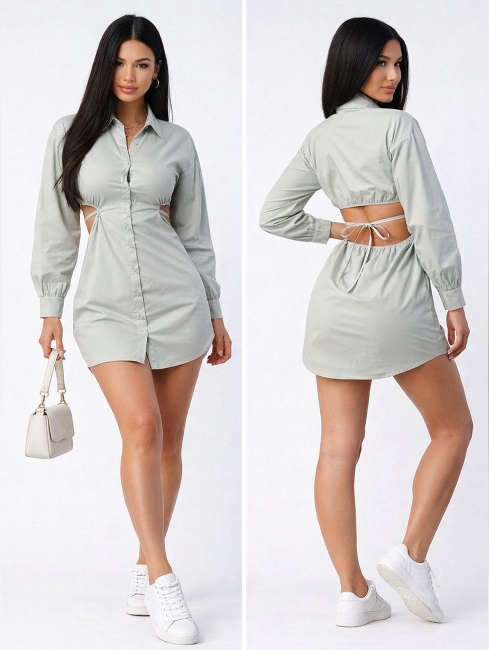 Shero Sage Green Cutout Open Back Mini Shirt Dress Sexy Chic